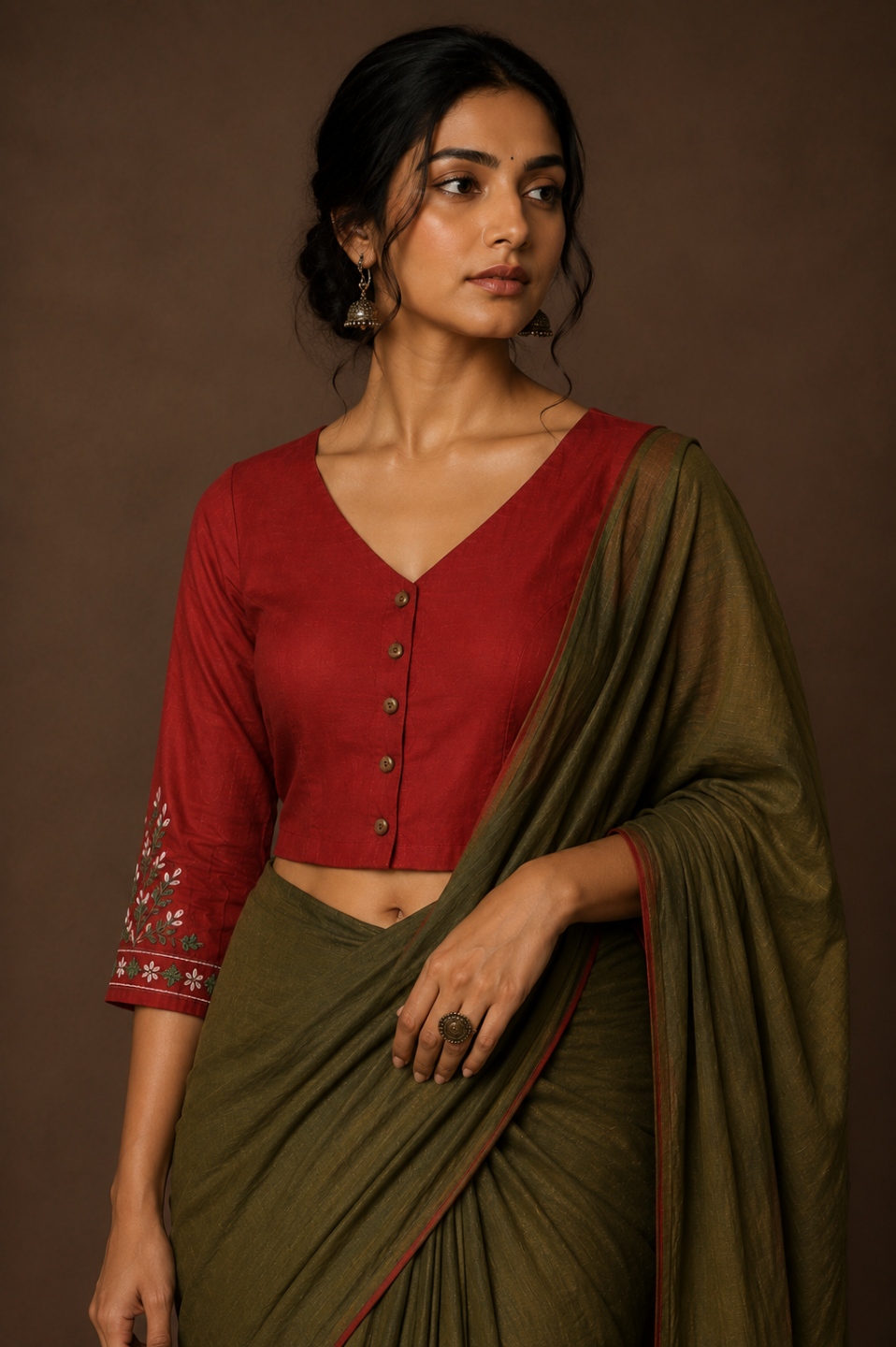 Women Red V-Neck Hand Embroidered Cotton Silk Blouse with Wooden Button Closure
